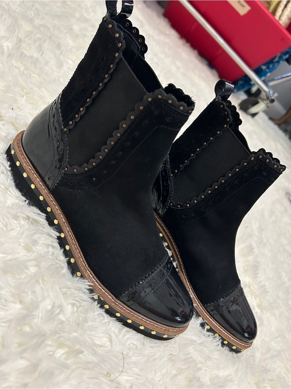Free People Black Scalloped Studded Chelsea Booties